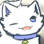  1:1 ambiguous_gender blue_eyes blue_sclera canid canine collar fluffy fluffy_tail fox fur hi_res looking_at_viewer mammal name_tag one_eye_closed open_mouth simple_background smile snoii_(snoiifoxxo) snoiifoxxo solo tuft white_body white_fur wink winking_at_viewer 