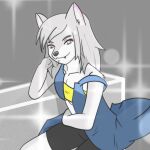  1:1 anthro canid canine canis clothed clothing exposed_shoulder female fur grey_body grey_fur hi_res mammal pink_eyes silverbunny solo wolf 
