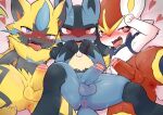 &lt;3 &lt;3_eyes absurd_res anthro anus balls blush bodily_fluids cinderace erection foreskin genital_fluids genitals group hi_res legendary_pok&eacute;mon looking_at_viewer lucario lying male male_focus nintendo nude on_back open_mouth penis pok&eacute;mon pok&eacute;mon_(species) precum seductive take_your_pick tongue uncut video_games yousan zeraora 