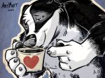  &lt;3 2021 anthro badger beverage black_body black_fur black_pawpads blue_background claws coffee coffee_mug fur gesture half-closed_eyes head_tuft hi_res k-9 ko-fi male mammal mustelid musteline narrowed_eyes nude pawpads pointing simple_background smile solo striped_body striped_fur stripes tuft white_body white_fur 