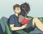  anthro book bottomwear burgerraccoon canid canine claws clothing duo feet foot_focus foot_on_face hindpaw human large_pawpads large_paws male male/male mammal pants paw_on_face pawpads paws pillow plantigrade reading shirt shorts sitting topwear unknown_species 