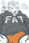  2015 anthro balls_outline black_nose blush bulge clothed clothing erection erection_under_clothing fat_hoodie felid genital_outline gunso_p hi_res hoodie japanese_text kemono male mammal overweight overweight_male pantherine penis_outline solo text text_on_clothing text_on_hoodie text_on_topwear tiger topwear underwear white_body 