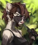  absurd_res anthro blep brown_hair chest_tuft clothing eyes_closed eyewear female glasses gulonine hair happy hi_res holding_knife knife kyra_sable mammal marten messy_hair mustelid musteline sable_(marten) shirt smile solo tank_top tongue tongue_out topwear tuft windwttom 