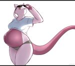  absurd_res anthro bahnbahn_(artist) belly big_belly bikini black_bars breasts clothed clothing eyewear female fully_clothed hand_on_stomach hi_res legendary_pok&eacute;mon letterbox medium_breasts mewtwo nintendo pok&eacute;mon pok&eacute;mon_(species) pregnant red_eyes solo sunglasses swimwear unamused video_games 