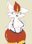  airsicksubset anthro belly big_breasts breasts cinderace clothing female hi_res lagomorph looking_down mammal navel nintendo open_mouth pok&eacute;mon pok&eacute;mon_(species) simple_background slightly_chubby solo suspenders teeth thick_thighs video_games white_body wide_hips 