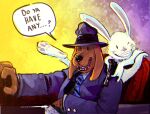  2021 anthro canid canine canis car clothed clothing dialogue domestic_dog dot_eyes dress_shirt duo english_text fur gun handgun hat headgear headwear holding_gun holding_object holding_weapon jacket lagomorph leporid looking_at_viewer male mammal mattbyles max_(sam_and_max) necktie one_eye_closed open_clothing open_jacket open_mouth open_smile open_topwear purple_background rabbit ranged_weapon sam_and_max samuel_dog shirt simple_background sitting smile suit talking_to_viewer text topwear vehicle weapon wink yellow_background 
