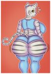  anthro big_breasts big_butt blue_clothing border breasts butt clothing domestic_cat felid feline felis female fur grey_body grey_fur hi_res huge_breasts huge_butt legwear looking_at_viewer looking_back mammal orange_background outline side_boob simple_background solo striped_body striped_fur stripes surprise thatoneguy1321 thigh_highs under_boob white_border white_outline 
