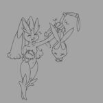 1:1 4_fingers ambiguous_gender anthro breasts collarbone duo ear_pull eyes_closed female fingers gore hand_on_breast hand_on_chest happy humor lagomorph laugh lopunny mammal mega_evolution mega_lopunny monochrome navel nintendo open_mouth pok&eacute;mon pok&eacute;mon_(species) simple_background smile tongue tongue_out video_games wl x_eyes 