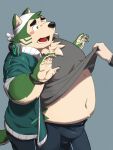  2021 3:4 anthro belly black_nose blush bottomwear bulge canid canine canis clothing domestic_dog green_body headphones headphones_around_neck humanoid_hands kemono live-a-hero male mammal mokdai navel o_miso_n overweight overweight_male pants shirt simple_background solo_focus topwear video_games 