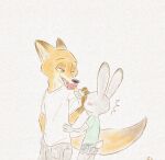  2021 anthro blush bottomwear canid canine clothed clothing disney duo eye_contact female food fox fully_clothed fur green_eyes grey_body grey_fur judy_hopps lagomorph leporid looking_at_another male mammal nick_wilde one_eye_closed orange_body orange_fur pants pawpsicle popsicle rabbit red_fox shirt souu_2910 t-shirt topwear wink zootopia 