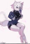  2021 4_toes anthro barefoot blue_eyes breasts canid canine clothed clothing digital_media_(artwork) eyebrows eyelashes eyewear feet female glasses hair hi_res kardie mammal rubber smile solo text toes url white_hair 