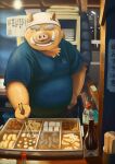  2015 anthro belly brown_body clothing detailed_background food hi_res humanoid_hands japanese_text kemono kyasyuu male mammal night overweight overweight_male shirt solo suid suina sus_(pig) text topwear wild_boar 
