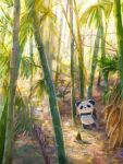  2021 3:4 araru backpack bamboo bamboo_tree biped black_body black_nose chibi detailed_background giant_panda hi_res mammal outside plant solo tree ursid white_body 