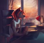  2016 anthro blue_eyes canid canine canis city clothed clothing digital_media_(artwork) domestic_dog drawing female hair inside looking_at_screen mammal orphen-sirius red_hair sitting smile solo window 