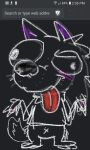  &lt;vampirefuuucker&gt; anthro black_background black_body canid canine canis chalk clothed clothing confusion english_text fur humanoid hybrid male male/male mammal no_pants partially_clothed screencap scribbles silly_face simple_background sketch solo text tongue tongue_out white_body white_fur wolfdog 