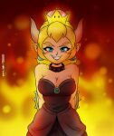  2018 alternate_species animal_humanoid ball_gown blonde_hair blue_eyes bowser bowsette_meme breasts cleavage clothed clothing collar crossgender crown digital_media_(artwork) dress female front_view grin hair hands_behind_back hi_res horn humanoid humanoid_pointy_ears humanoidized joaoppereiraus koopa_humanoid light_body light_skin looking_at_viewer mario_bros meme nintendo scalie scalie_humanoid shell smile solo spiked_collar spiked_shell spikes spikes_(anatomy) super_crown video_games 