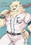  2015 anthro baseball_(sport) baseball_bat baseball_uniform bat_(object) black_nose bottomwear clothing felid fur humanoid_hands kemono leo_(saitama_seibu_lions) lion male mammal mascot nippon_professional_baseball pantherine pants saitama_seibu_lions shirt solo sport sportswear syukouakanaru topwear uniform white_body white_fur 