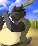  2009 5:6 anthro baseball_(sport) baseball_bat bat_(object) belly big_belly black_body black_fur black_nose bottomwear canid canine canis clothing doran_(pixiv_artist) fur hi_res humanoid_hands kemono male mammal outside overweight overweight_male pants shirt solo sport topwear wolf 