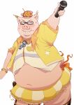  2016 anthro belly blush bodily_fluids clothed clothing crossdressing domestic_pig eyewear glasses humanoid_hands kemono male mammal manekanaineko navel overweight overweight_male simple_background solo suid suina sus_(pig) sweat white_background 