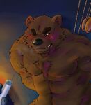  2009 anthro barazoku black_nose blush bodily_fluids bound brown_body brown_fur doran_(pixiv_artist) fur humanoid_hands kemono male mammal muscular muscular_male nipples solo_focus sweat ursid 