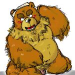  anthro belly big_belly black_nose blush brown_body brown_fur doran_(pixiv_artist) fur genitals kemono low_res male mammal moobs navel nipples overweight overweight_male penis solo towel ursid 