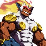  1:1 abs anthro biceps blue_clothing blue_gloves blue_handwear brown_body clothing fire flaming_hair gloves grin handwear infernape kuroma looking_at_viewer looking_down male mammal muscular muscular_anthro muscular_male nintendo pecs pok&eacute;mon pok&eacute;mon_(species) primate pseudo_hair sharp_teeth smile smirk solo teeth vein veiny_muscles video_games 