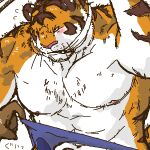  1:1 2008 anthro barazoku blush clothing doran_(pixiv_artist) felid japanese_text kemono low_res male mammal nipples pantherine pecs pink_nose solo text tiger underwear white_body 