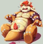  2015 anthro belly blush bodily_fluids bowser cum drooling erection genital_fluids genitals hi_res humanoid_hands japanese_text kemono koopa korosuke male mario_bros nintendo overweight overweight_male penis saliva scalie sex_toy simple_background sitting slit solo text video_games 