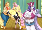  2021 animal_print anthro applejack_(mlp) big_breasts blue_eyes blues64 blush breast_size_difference breasts clothed clothing cow_print cutie_mark digital_media_(artwork) equid equine eyebrows eyes_closed female fingers fluttershy_(mlp) friendship_is_magic grin group hasbro hat headgear headwear hi_res horn huge_breasts hyper hyper_breasts legwear mammal marauder6272 my_little_pony pegasus rarity_(mlp) smile thigh_highs unicorn wings 