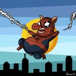  1:1 2007 action_pose anthro clothing costume domestic_pig ionahipri male mammal marvel open_mouth outside pose solo spider-man_(series) spider_web spiderpig suid suina sus_(pig) web_swinging 