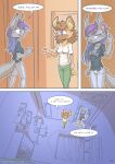  absurd_res anthro bedroom canid canine clothed clothing comic dialogue digital_media_(artwork) duo ear_piercing english_text eyebrow_piercing facial_piercing female fox hair hi_res hyaenid inside mammal maya_(ratcha) piercing plotting ratcha rina_(ratcha) sibling simple_background sister text url 