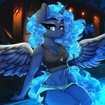  1:1 anthro anthrofied blue_body blue_feathers bottomwear breasts cleavage clothed clothing equid equine feathers female friendship_is_magic hasbro hi_res horn kennzeichen mammal my_little_pony princess_luna_(mlp) shirt shorts solo topwear wide_hips winged_unicorn wings 