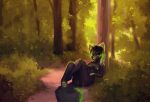  2017 anthro areola biped breasts canid canine detailed_background digital_media_(artwork) female forest fox genitals green_eyes green_hair green_nipples green_nose green_pussy hair hi_res kolae mammal neon_(the_furry_ninja) nipples nude outside plant pussy shaded solo tree 