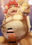  2016 anthro belly blush bodily_fluids bowser censored erection genitals humanoid_hands kemono koopa korosuke male mario_bros nintendo overweight overweight_male penis scalie slit solo sweat video_games 