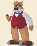  2021 anthro belly bottomwear bow_tie brown_body canid canine canis clothing domestic_dog eyewear facial_hair glasses humanoid_hands justabeariguess male mammal mature_male mustache overweight overweight_male pants sherlock_hound sherlock_hound_(series) shirt simple_background solo topwear 