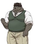  2021 anthro belly black_body black_fur black_nose bottomwear clothing fur hi_res humanoid_hands kemono male mammal maron2475 overweight overweight_male pants shirt simple_background solo sweater sweater_vest topwear ursid vest white_background 