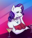  5:6 absurd_res anthro arm_under_breasts beverage blue_eyes blue_eyeshadow breasts clothing collar eyebrows eyeshadow female friendship_is_magic gradient_background hair hasbro hi_res horn jewelry long_hair looking_at_viewer makeup martini_glass my_little_pony necklace nipples purple_hair raised_eyebrow rarity_(mlp) simple_background smile smiling_at_viewer solo squishheart translucent translucent_clothing unicorn_horn 