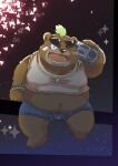  2017 anthro ashigara belly big_belly blush brown_body brown_fur bulge clothing eyewear eyewear_on_head fur hi_res humanoid_hands kemono male mammal natamaru_a navel one_eye_closed overweight overweight_male solo sunglasses sunglasses_on_head swimwear tokyo_afterschool_summoners ursid video_games wink 