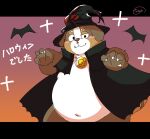  2016 anthro belly big_belly blush brown_body brown_fur canid canine canis cape clothing cute_fangs domestic_dog fur halloween hat headgear headwear holidays kemono male mammal natamaru_a navel overweight overweight_male solo 