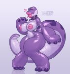  animate_inanimate anthro big_breasts blush breasts dekotf female inflatable living_inflatable lizard nipples purple_body reptile scalie sex_toy_transformation solo thick_thighs white_body wide_hips 