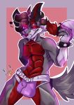  absurd_res anthro balls boxers_(clothing) canid canine clothed clothing digital_media_(artwork) fox genitals hair hi_res josendall_art looking_at_viewer male mammal nipples nude pink_eyes red_eyes shadow_(josendall) simple_background smile solo underwear 