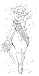  2021 ankama anthro bouquet clothing confetti dbaru dofus ecaflip english_text felid female freckles hair hand_behind_head hi_res high_heels looking_at_viewer mammal miranda_(wakfu) monochrome one-piece_swimsuit pigtails presenting sash simple_background smile solo swimwear text video_games wakfu wide_hips 