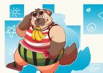  2016 anthro banana belly big_belly blush bodily_fluids brown_body brown_fur canid canine canis clothing domestic_dog eyewear food fruit fur kemono male mammal melon natamaru_a overweight overweight_male plant popori shirt solo sunglasses sweat tera_online topwear video_games watermelon 