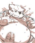  2018 anthro belly big_belly blush bodily_fluids canid canine canis censored cum domestic_dog erection genital_fluids genitals humanoid_hands kemono male mammal natamaru_a overweight overweight_male penis solo sweat 