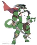  2021 abs absurd_res anthro armor big_bulge bottomwear bulge cape clothing coin darkgem digital_media_(artwork) digitigrade green_body green_eyes green_scales headgear helmet hi_res holding_object holding_sword holding_weapon horn loincloth male melee_weapon muscular muscular_anthro muscular_male nipples non-mammal_nipples pecs reptile scales scalie simple_background solo spaulders sword tempist unconvincing_armor vambraces weapon 