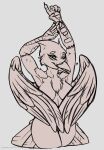  2021 anthro avian beak big_breasts breasts digital_media_(artwork) feathers female fur grumpy_griffin_creations hi_res looking_at_viewer monochrome non-mammal_breasts nude open_mouth partially_colored sepia simple_background smile solo standing wings 
