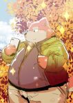  2016 anthro belly big_belly blush bottomwear brown_body brown_fur canid canine canis clothing cute_fangs domestic_dog fur kemono male mammal natamaru_a outside overweight overweight_male pants phone shirt solo topwear 