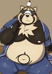  2021 anthro belly black_nose blush bottomwear brown_body brown_fur bulge canid canine clothing fur hi_res humanoid_hands kemono live-a-hero male mammal moobs nipples o_miso_n overweight overweight_male raccoon_dog shoen shorts sitting solo tanuki video_games 