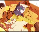  2013 angry belly blood blush bodily_fluids canid canine canis domestic_cat domestic_dog eyes_closed eyewear felid feline felis glasses group hinami human humanoid_hands kemono male mammal moobs nipples nosebleed overweight overweight_male pantherine tiger ursid young 