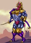  2021 absurd_res ambiguous_gender anthro armor blue_eyes chameleon clothed clothing colored detailed digital_drawing_(artwork) digital_media_(artwork) glowing glowing_eyes headgear helmet hi_res knight lizard melee_weapon monster multi_eye muscular muscular_ambiguous muscular_anthro muscular_thighs outside plate_armor reptile scabbard scalie shaded signature simple_background solo standing sword thick_thighs warrior watermark weapon wittless-pilgrim 
